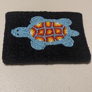 Beaded Sea Turtle Turquoise Black Coin Purse Clutch Wallet Hand Beaded Indonesia
